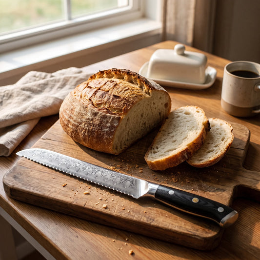 Damascus Bread Knife 8" – Hochodo, in use