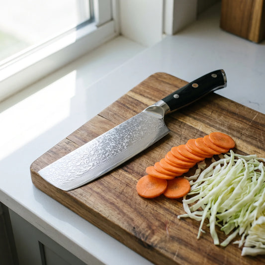Damascus Nakiri Knife 7" – Hochodo, in use