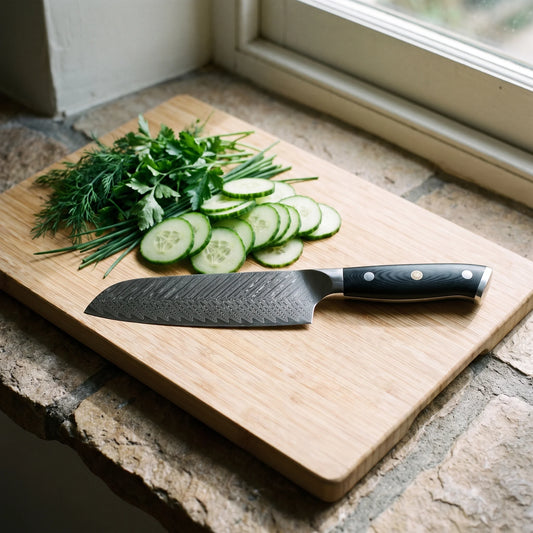 Damascus Santoku Knife 7" – Hochodo, in use