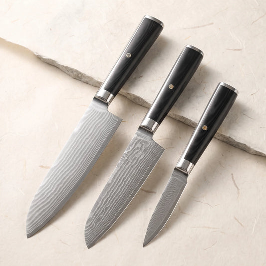 The Duo – Set + Block – Hochodo, includes the 3-piece Damascus knife set