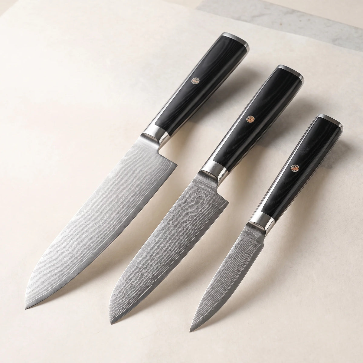 3-Piece Damascus Knife Set – Hochodo, three-quarter view