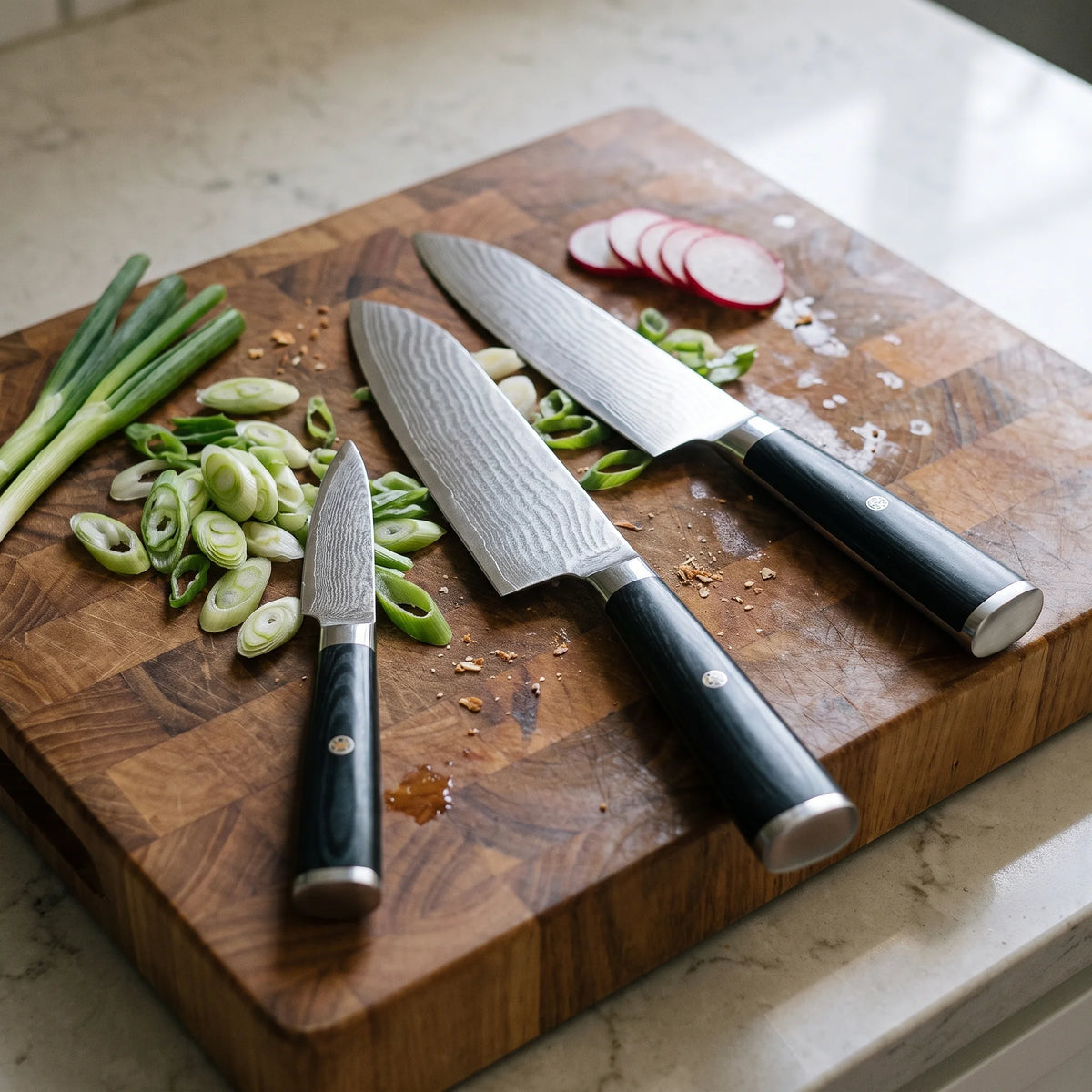 3-Piece Damascus Knife Set – Hochodo, in use