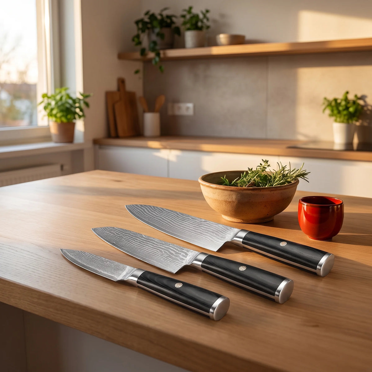 3-Piece Damascus Knife Set – Hochodo, in the kitchen