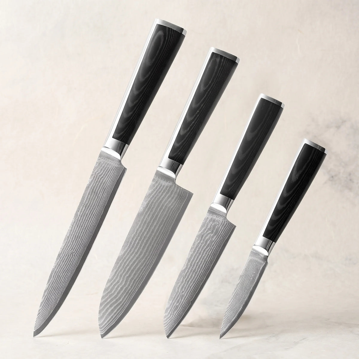 4-Piece Damascus Knife Set – Hochodo, three-quarter view