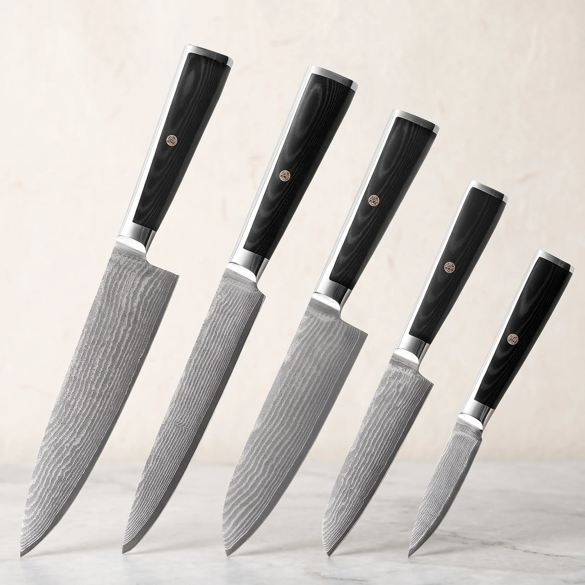 5-Piece Damascus Knife Set – Hochodo, three-quarter view