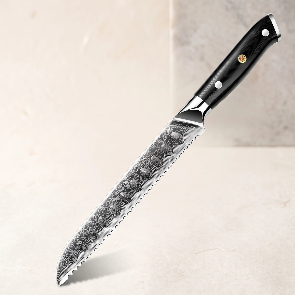 Damascus Bread Knife 8" – Hochodo, three-quarter view
