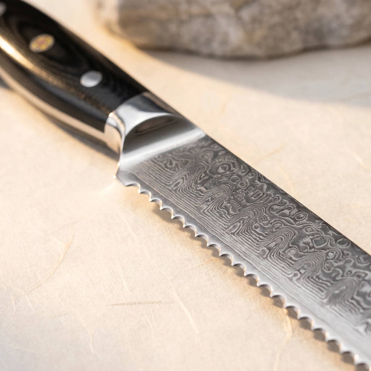 Damascus Bread Knife 8" – Hochodo, blade and material detail