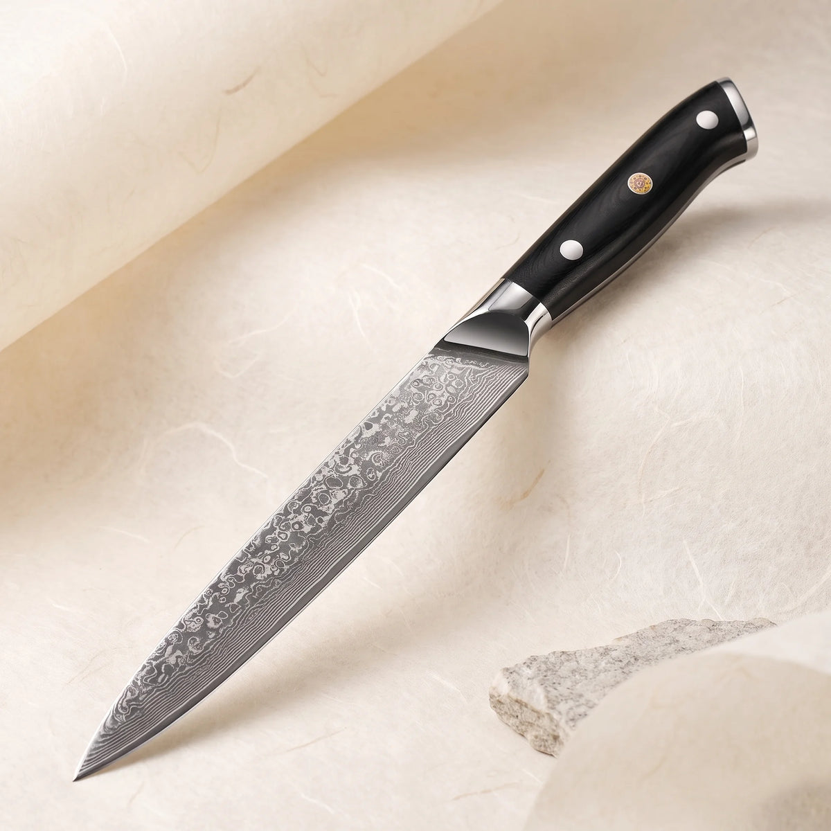 Damascus Carving Knife 8" – Hochodo, three-quarter view