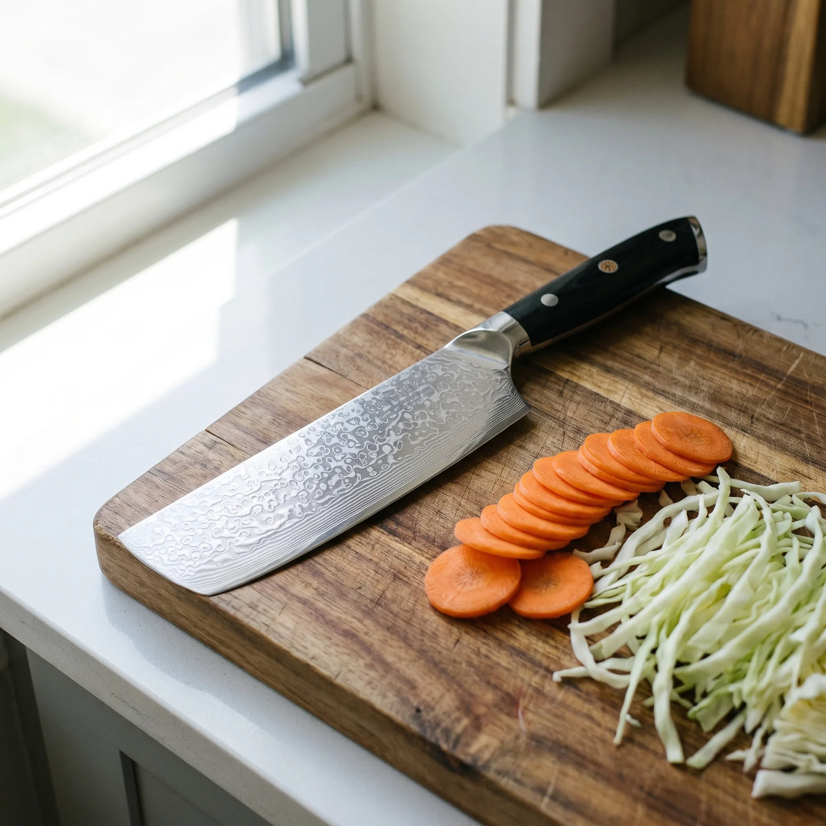 Damascus Nakiri Knife 7" – Hochodo, in use