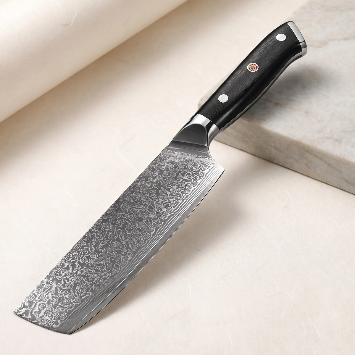 Hammered Nakiri Knife 7" – Hochodo, three-quarter view