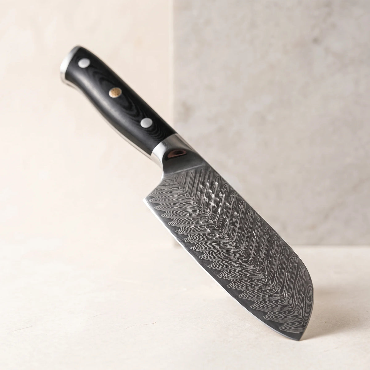 Damascus Santoku Knife 7" – Hochodo, three-quarter view