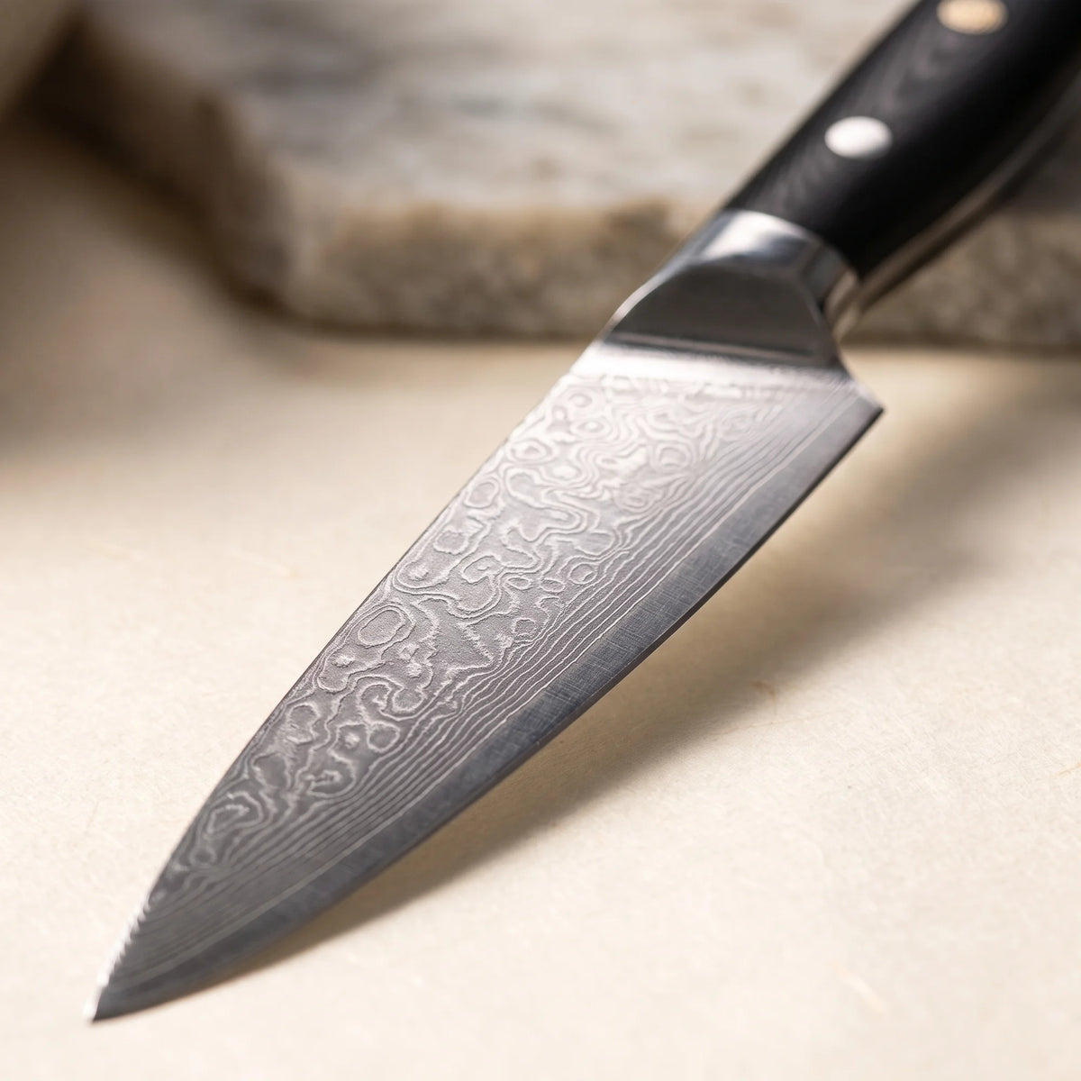 Damascus Utility Knife 4.8" – Hochodo, blade and material detail